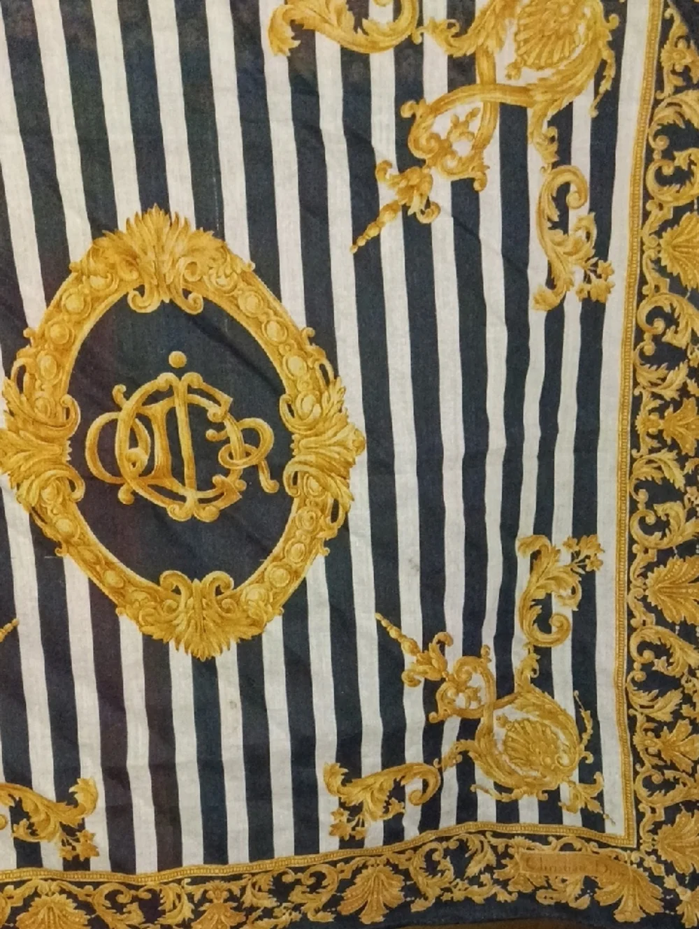 Vintage Baroque Style Christian Dior Black & White Striped Gold Medallion Scarf